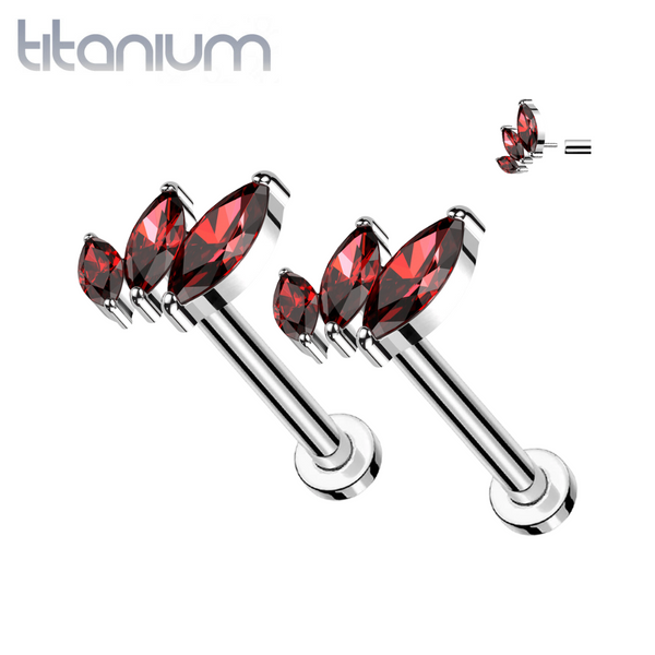 Implant Grade Titanium Red CZ Triple Marquise Threadless Push In Earrings With Flat Back