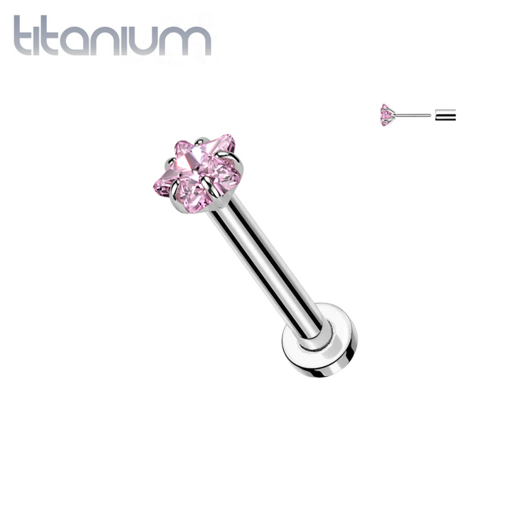 Implant Grade Titanium Threadless Push In Pink CZ Star Nose Ring With Flat Back - Pierced Universe
