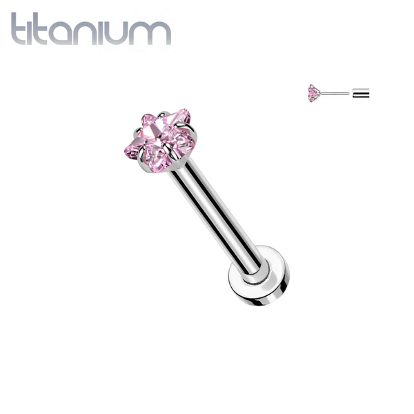 Implant Grade Titanium Threadless Push In Pink CZ Star Nose Ring With Flat Back - Pierced Universe