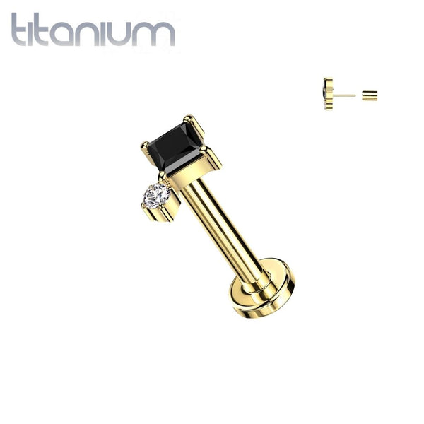 Implant Grade Titanium Gold PVD Black White CZ Square & Circle Gem Cluster Push In Threadless Labret With Flat Back
