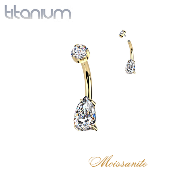 Implant Grade Titanium Gold PVD White Moissanite Teardrop Dainty Internally Threaded Belly Ring