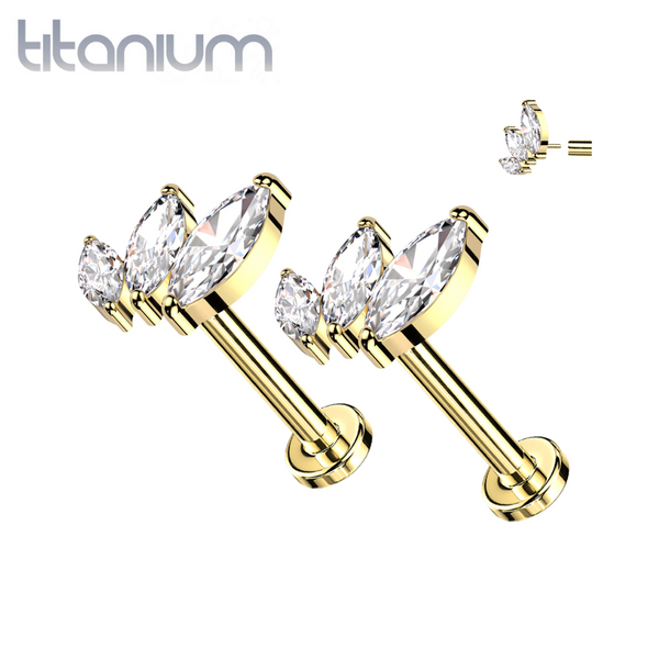 Pair of Implant Grade Titanium Gold PVD White CZ Triple Marquise Threadless Push In Earrings With Flat Back