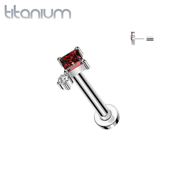 Implant Grade Titanium Red White CZ Square & Circle Gem Cluster Push In Threadless Labret With Flat Back