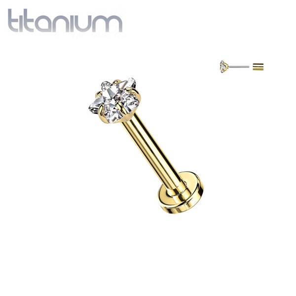 Implant Grade Titanium Gold PVD White CZ Star Shaped Gem Threadless Push In Labret With Flat Back - Pierced Universe
