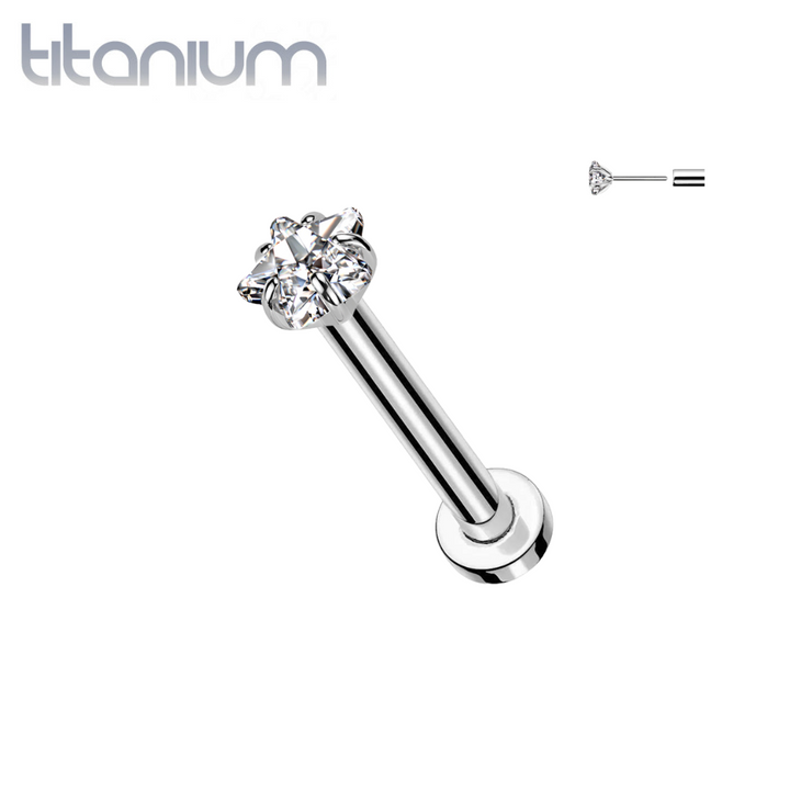 Implant Grade Titanium Threadless White CZ Star Shaped Gem Push In Labret With Flat Back - Pierced Universe