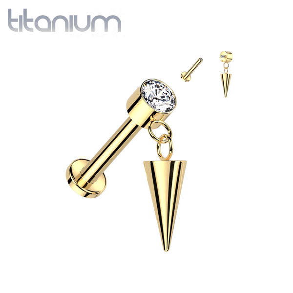 Implant Grade Titanium Gold PVD White CZ Bezel Spike Dangle Internally Threaded Flat Back Labret - Pierced Universe