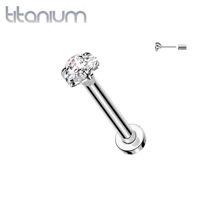 Implant Grade Titanium Threadless White CZ Heart Shaped Gem Push In Labret With Flat Back - Pierced Universe