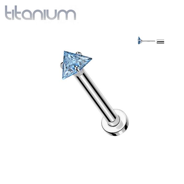 Implant Grade Titanium Threadless Aqua CZ Triangle Shaped Gem Push In Labret With Flat Back - Pierced Universe