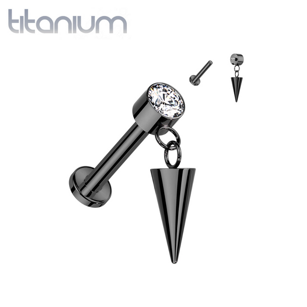 Implant Grade Titanium Black PVD White CZ Bezel Spike Dangle Internally Threaded Flat Back Labret - Pierced Universe