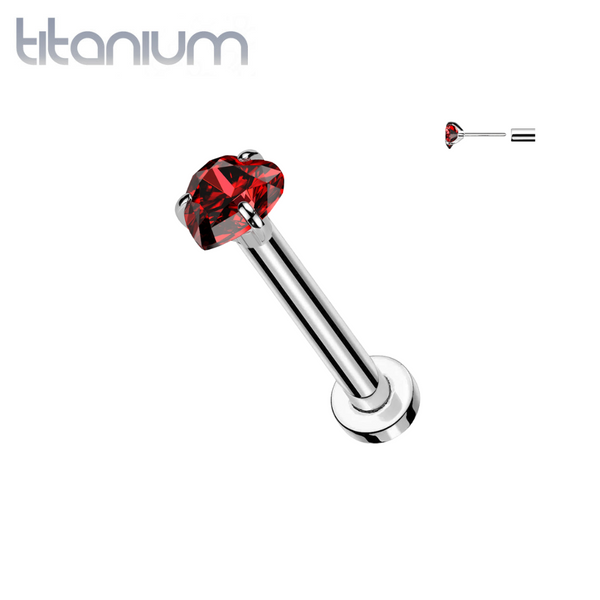 Implant Grade Titanium Threadless Red CZ Heart Shaped Gem Push In Labret With Flat Back - Pierced Universe