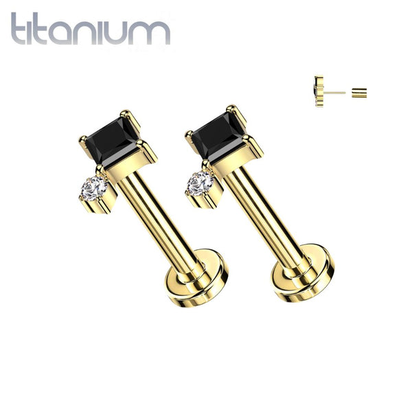 Pair of Implant Grade Titanium Gold PVD Black CZ Square & Circle Gem Cluster Push In Threadless Earring Studs Flat Back