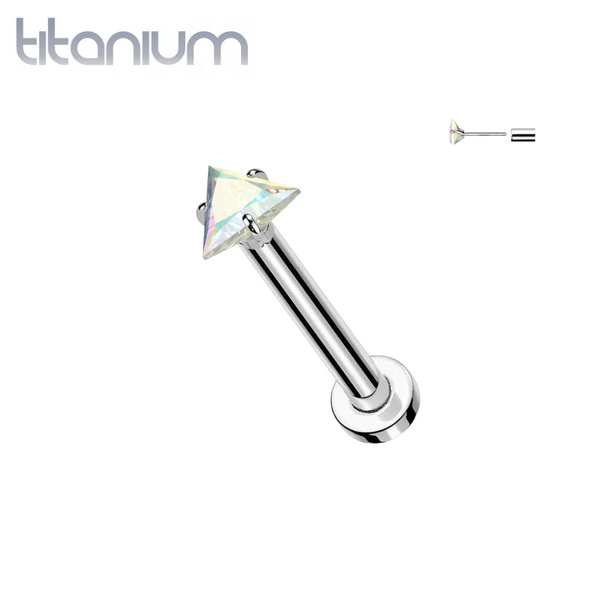 Implant Grade Titanium Threadless Aurora Borealis CZ Triangle Shaped Gem Push In Labret With Flat Back - Pierced Universe