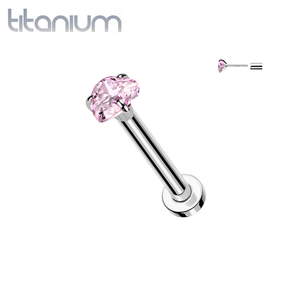 Implant Grade Titanium Threadless Pink CZ Heart Shaped Gem Push In Labret With Flat Back - Pierced Universe