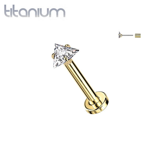 Implant Grade Titanium Gold PVD White CZ Triangle Shaped Gem Threadless Push In Labret With Flat Back - Pierced Universe