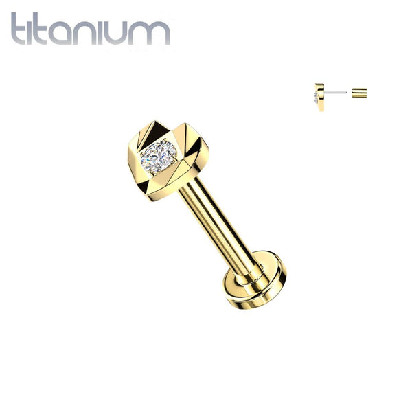 Implant Grade Titanium Gold PVD White CZ Ridged Cut Heart Threadless Labret With Flat Back - Pierced Universe