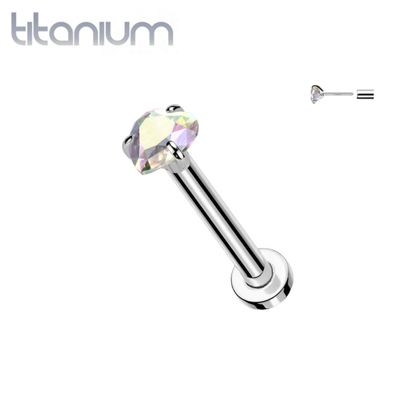Implant Grade Titanium Threadless Aurora Borealis CZ Heart Shaped Gem Push In Labret With Flat Back - Pierced Universe