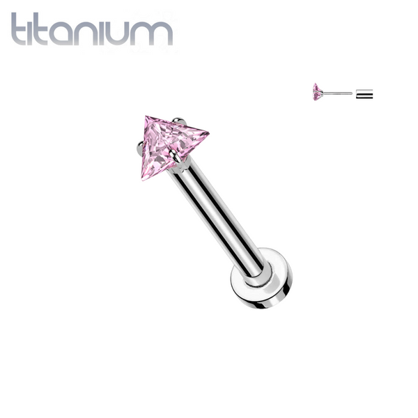 Implant Grade Titanium Threadless Pink CZ Triangle Shaped Gem Push In Labret With Flat Back - Pierced Universe