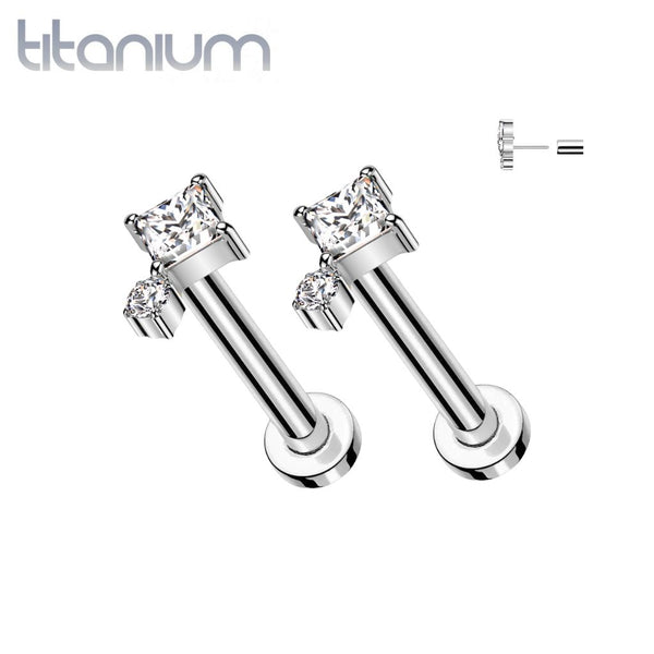 Pair of Implant Grade Titanium White CZ Square & Circle Gem Cluster Push In Threadless Earring Studs Flat Back