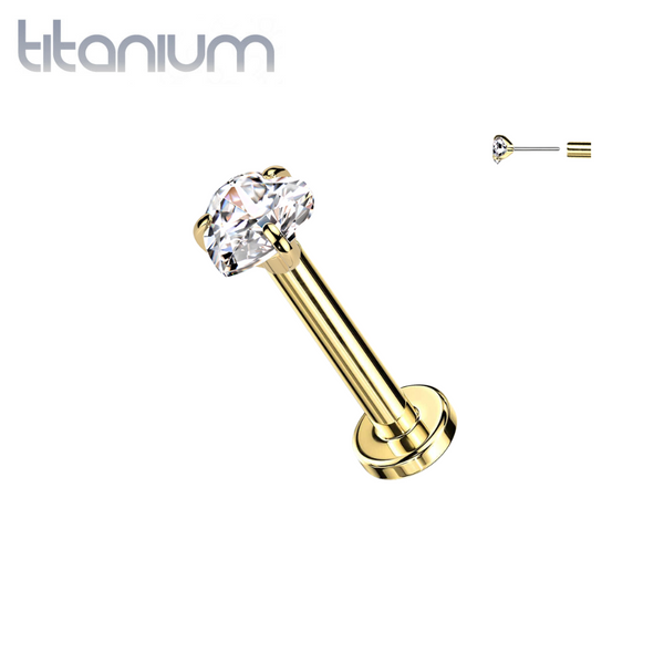 Implant Grade Titanium Gold PVD White CZ Heart Shaped Gem Threadless Push In Labret With Flat Back - Pierced Universe