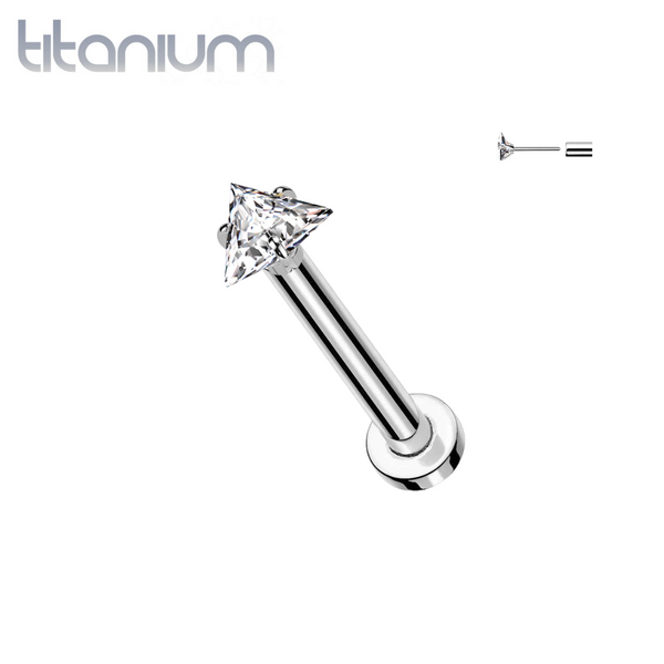 Implant Grade Titanium Threadless White CZ Triangle Shaped Gem Push In Labret With Flat Back - Pierced Universe