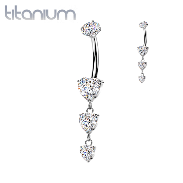 Implant Grade Titanium White CZ Triple Heart Shape Dangle Belly Ring - Pierced Universe
