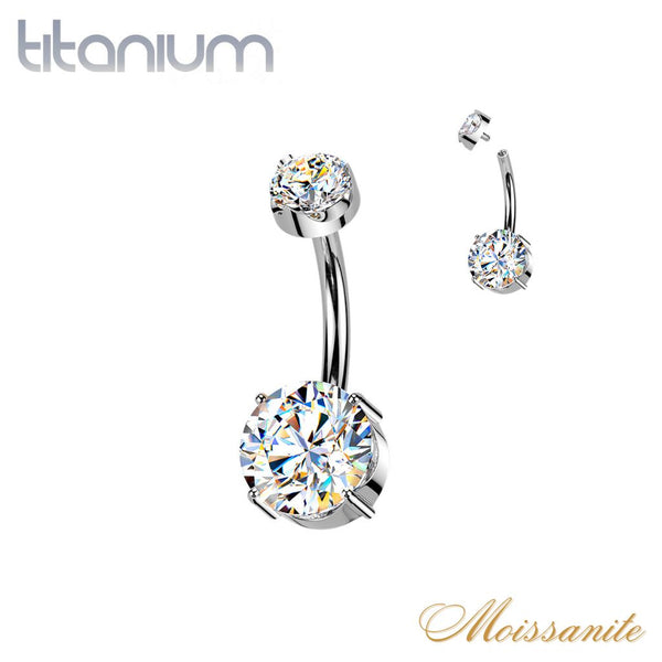 Implant Grade Titanium White Moissanite Internally Threaded Round Belly Ring - Pierced Universe