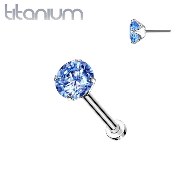 Implant Grade Titanium Threadless Push In Labret Flat Back Aqua CZ Stud - Pierced Universe