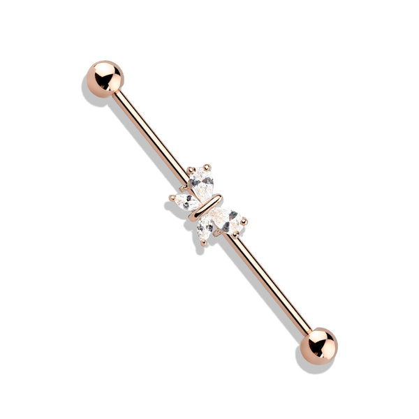 316L Surgical Steel Rose Gold PVD White CZ Gem Butterfly Industrial Barbell - Pierced Universe