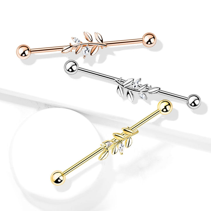 316L Surgical Steel Rose Gold PVD White CZ Leaf Industrial Barbell - Pierced Universe