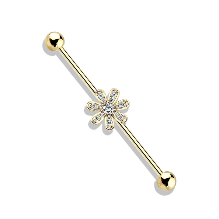 316L Surgical Steel Gold PVD White CZ Gem Flower Industrial Barbell - Pierced Universe