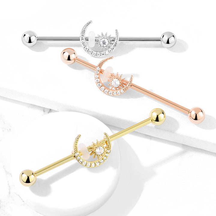 316L Surgical Steel Gold PVD White CZ Gem Moon & Star Industrial Barbell - Pierced Universe