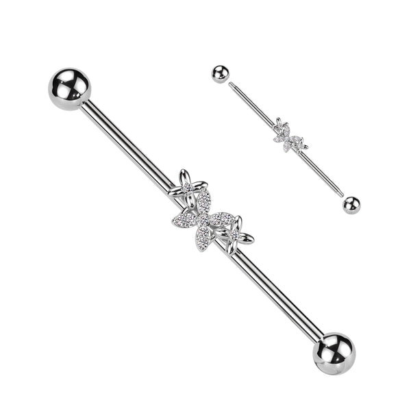 316L Surgical Steel White CZ 4 Petal Flower Industrial Barbell - Pierced Universe