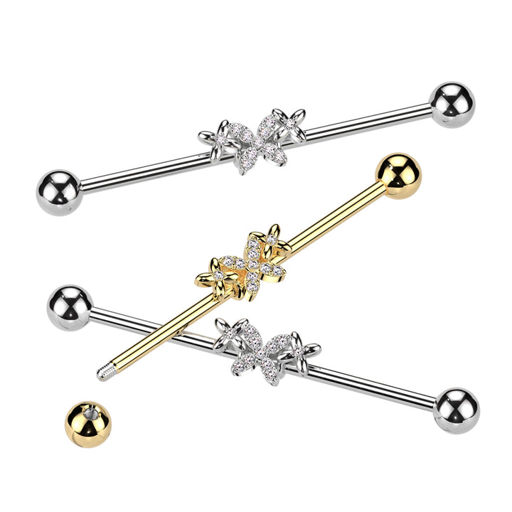 316L Surgical Steel White CZ 4 Petal Flower Industrial Barbell - Pierced Universe