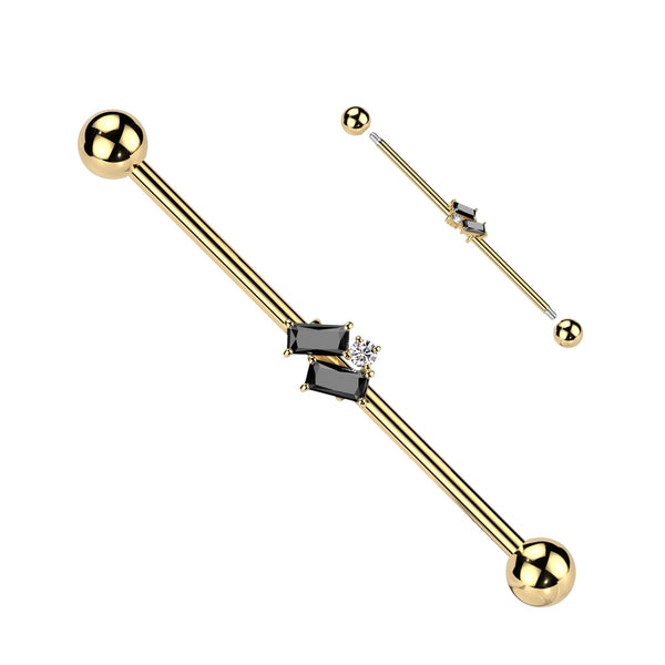 316L Surgical Steel Gold PVD Black Baguette CZ Gem Cluster Industrial Straight Barbell - Pierced Universe