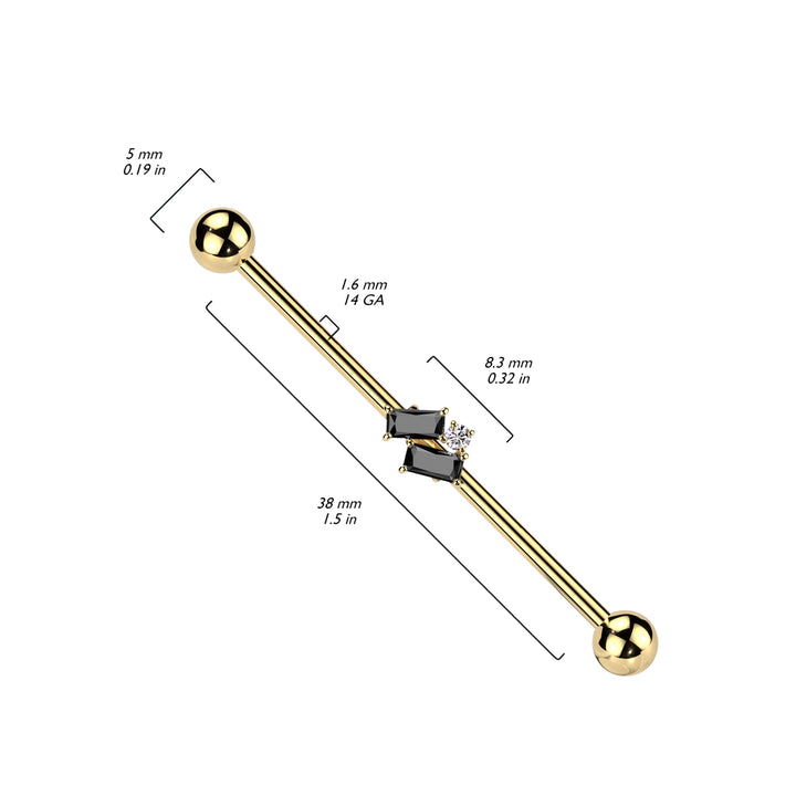 316L Surgical Steel Gold PVD Black Baguette CZ Gem Cluster Industrial Straight Barbell - Pierced Universe