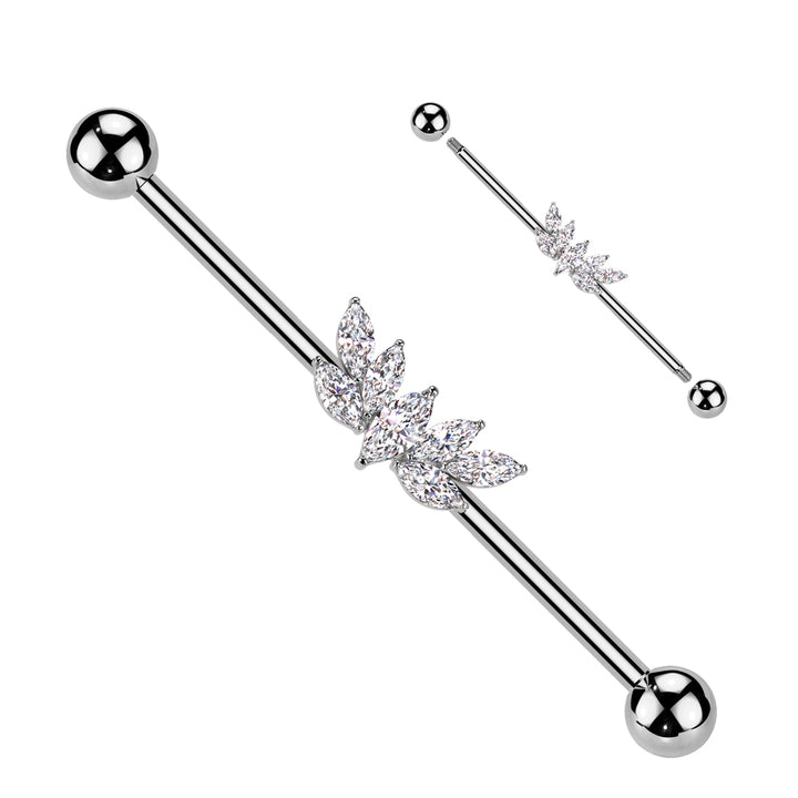 316L Surgical Steel Large White CZ Wing Design Marquise Gem Cluster Industrial Barbell - Pierced Universe