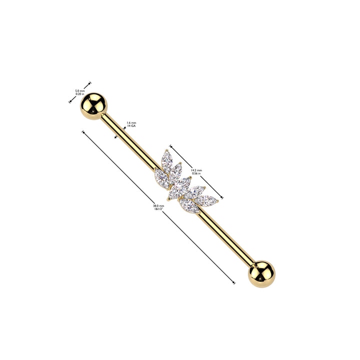 316L Surgical Steel Gold PVD Large White CZ Wing Design Marquise Gem Cluster Industrial Barbell - Pierced Universe