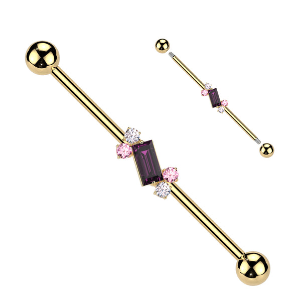316L Surgical Steel Gold PVD Purple Baguette White & Pink Gem Cluster Industrial Barbell - Pierced Universe
