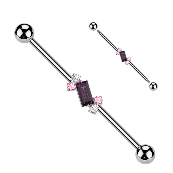 316L Surgical Steel Purple Baguette White & Pink Gem Cluster Industrial Barbell - Pierced Universe