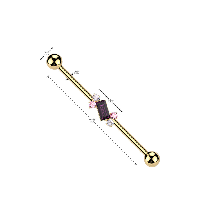 316L Surgical Steel Gold PVD Purple Baguette White & Pink Gem Cluster Industrial Barbell - Pierced Universe