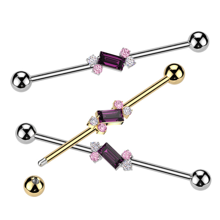 316L Surgical Steel Gold PVD Purple Baguette White & Pink Gem Cluster Industrial Barbell - Pierced Universe