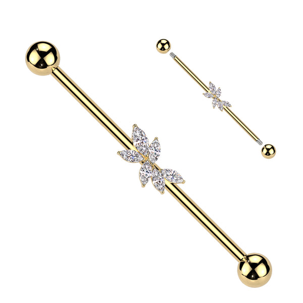 316L Surgical Steel Gold PVD White CZ Marquise Decorative Gem Cluster Industrial Barbell - Pierced Universe