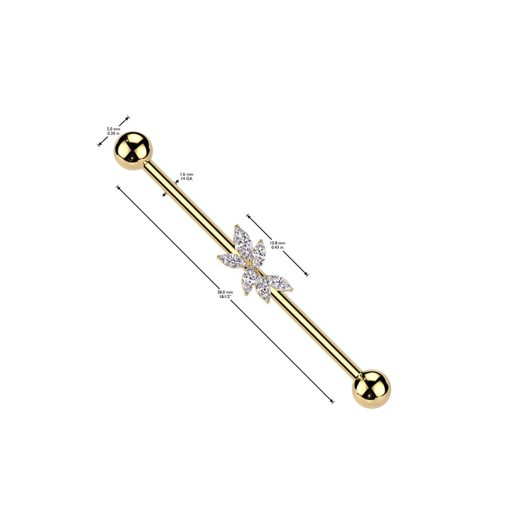 316L Surgical Steel Gold PVD White CZ Marquise Decorative Gem Cluster Industrial Barbell - Pierced Universe