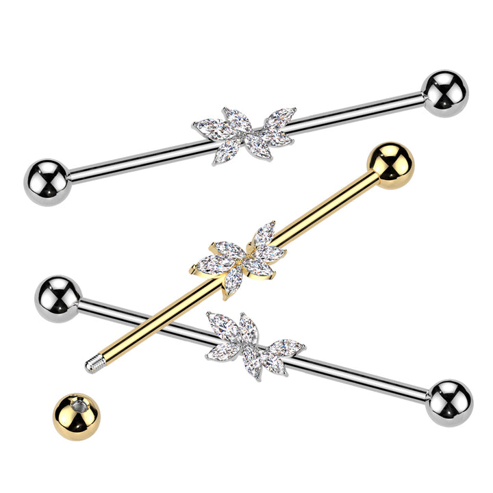 316L Surgical Steel Gold PVD White CZ Marquise Decorative Gem Cluster Industrial Barbell - Pierced Universe