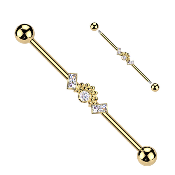 316L Surgical Steel Gold PVD White CZ Baguette Beaded Industrial Barbell - Pierced Universe