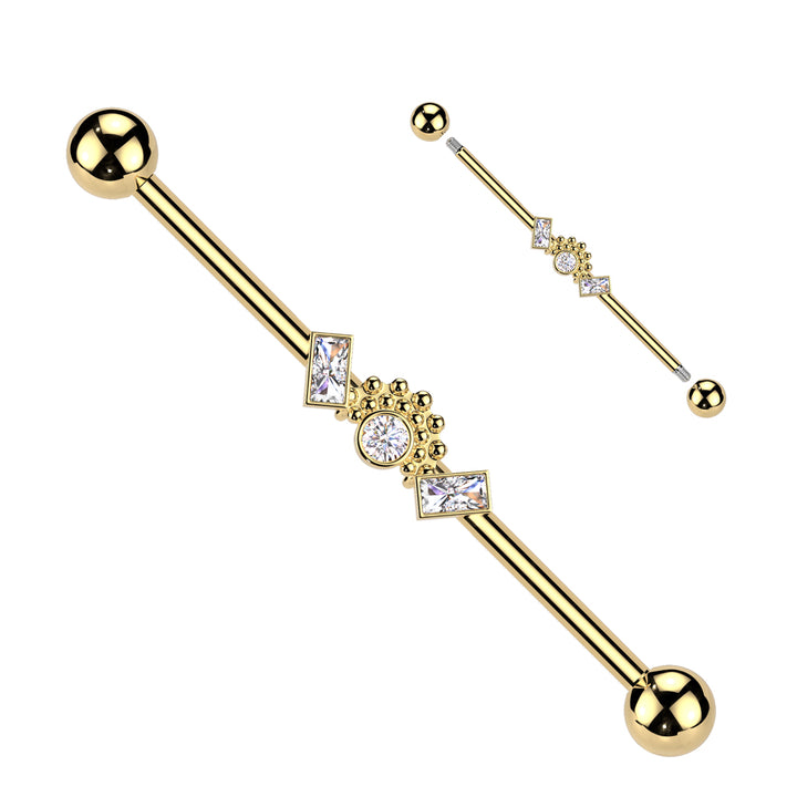 316L Surgical Steel Gold PVD White CZ Baguette Beaded Industrial Barbell - Pierced Universe