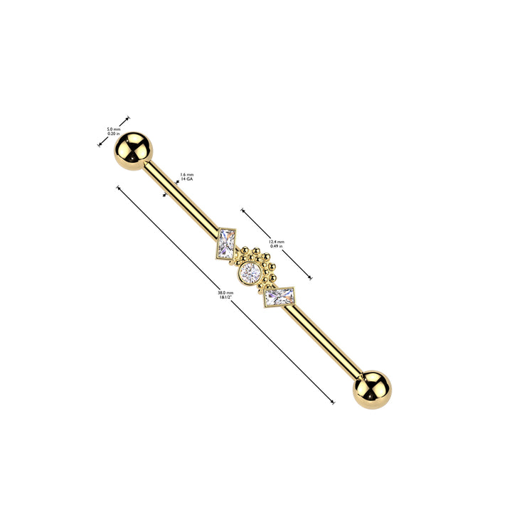 316L Surgical Steel Gold PVD White CZ Baguette Beaded Industrial Barbell - Pierced Universe