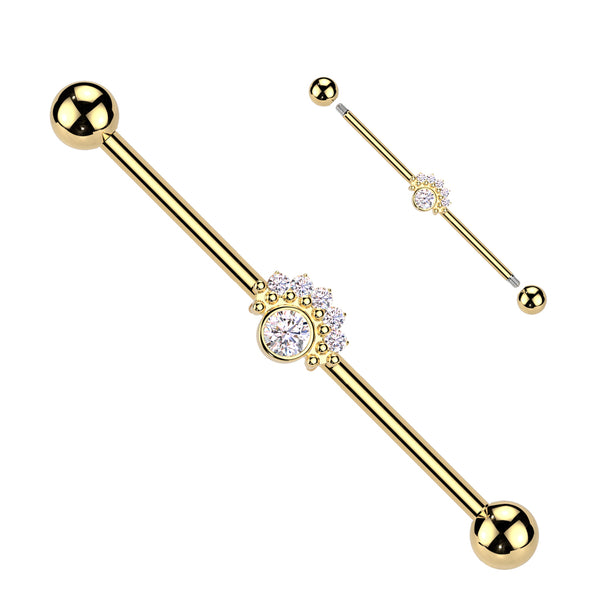 316L Surgical Steel Gold PVD White CZ Bezel Beaded Gem Design Industrial Barbell - Pierced Universe