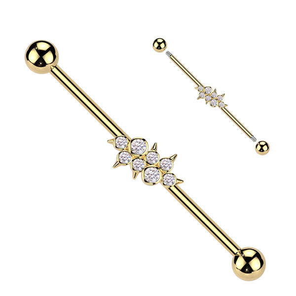316L Surgical Steel Gold PVD White CZ Bezel Spike Gem Cluster Industrial Barbell - Pierced Universe