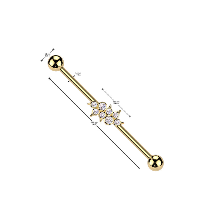 316L Surgical Steel Gold PVD White CZ Bezel Spike Gem Cluster Industrial Barbell - Pierced Universe